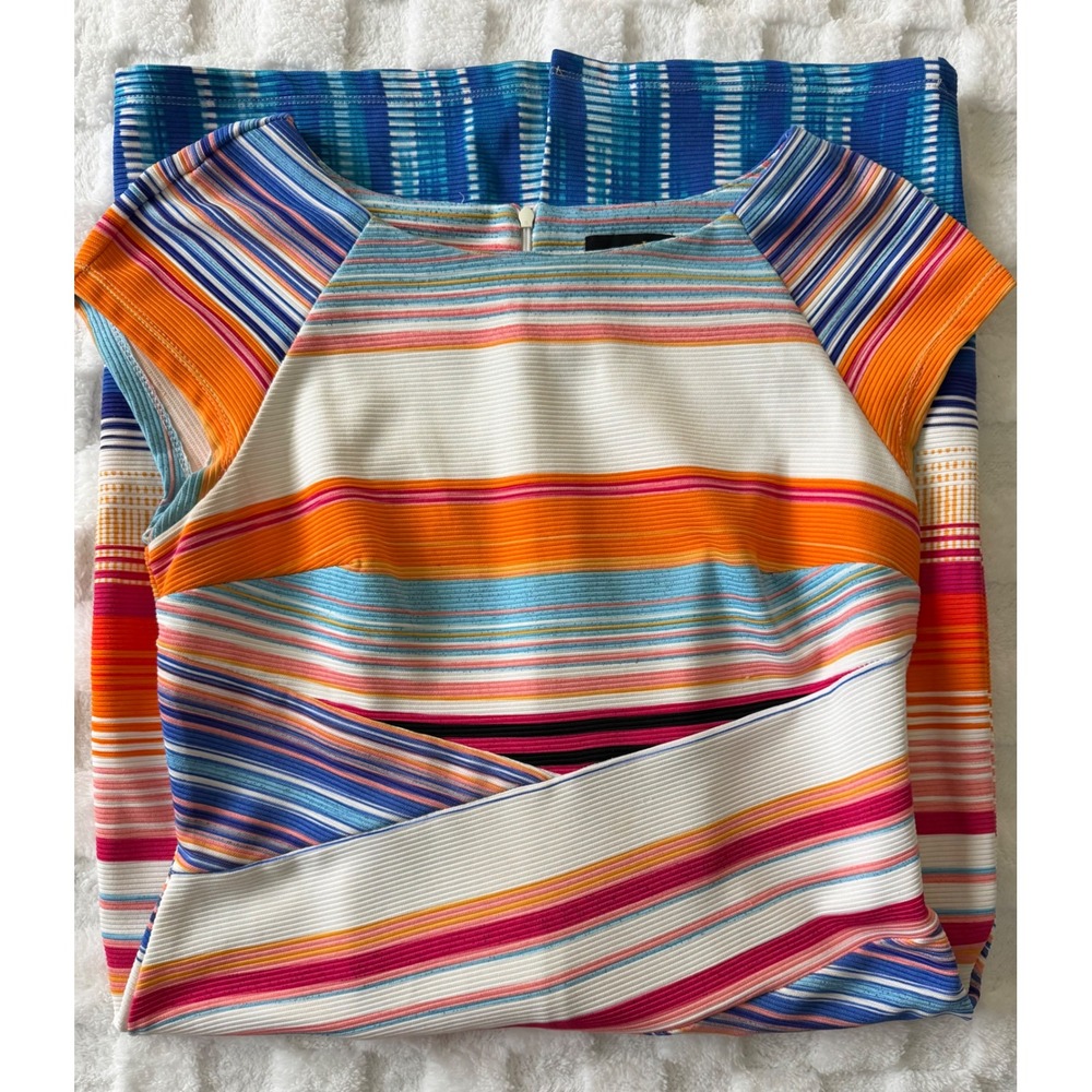 ICE Womens Striped Sheath Dress Multi-Color Cap Sleeve Ribbed Knit Size 8 -EUC